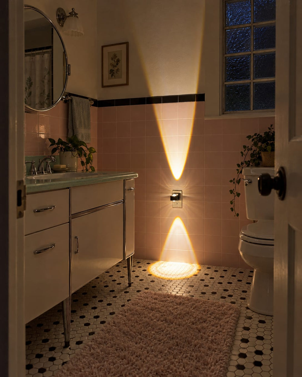 Aoraglow in a 1950s bungalow bathroom with pale pink square tile, seen from the doorway at night in its warm glow