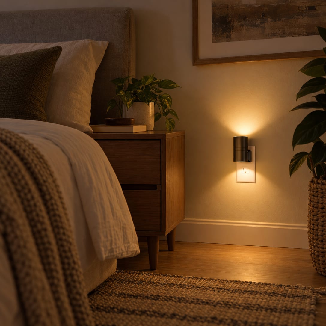 The same warm modern home's bedroom in the evening with the overheads off, a neatly made bed and a small white Aoralight in