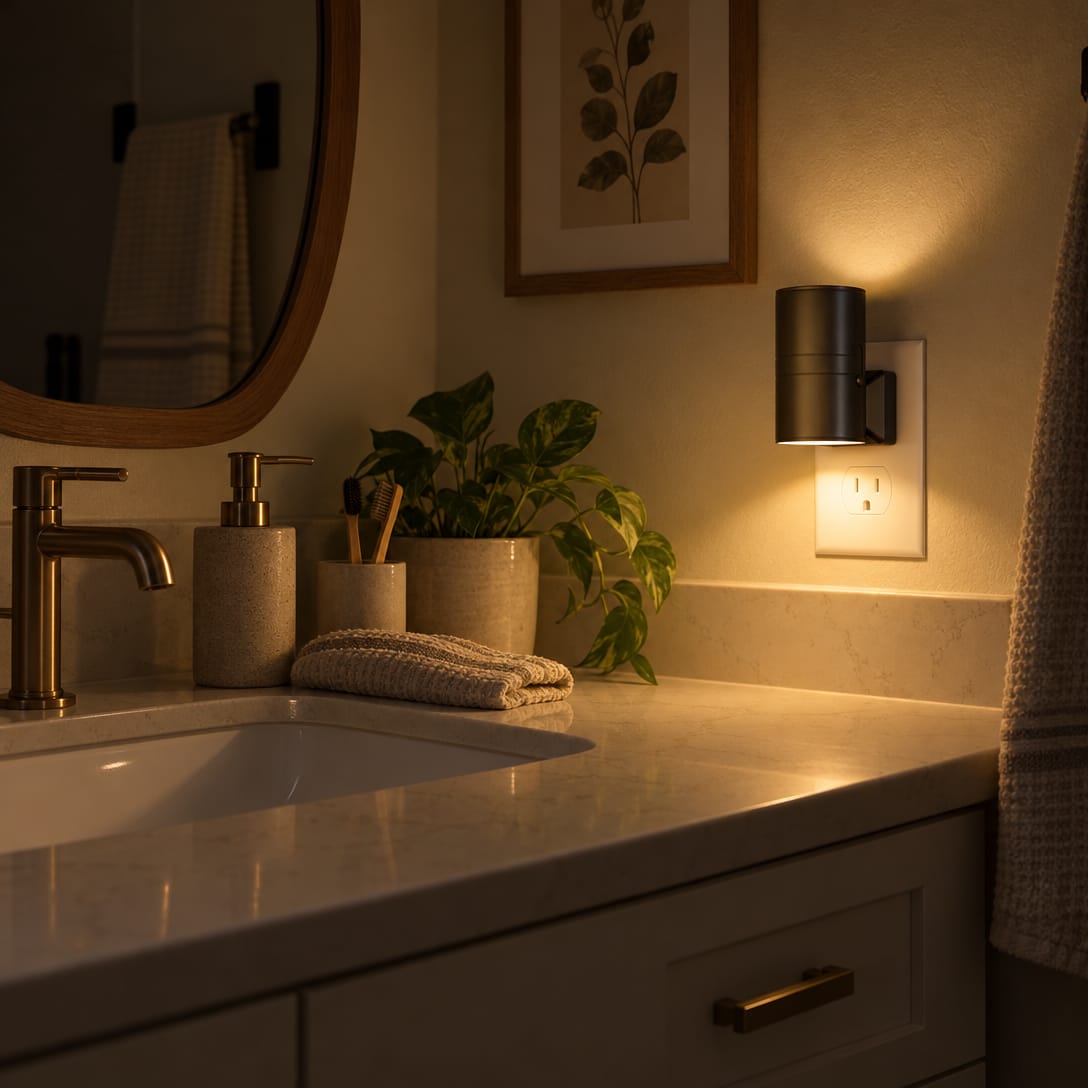 A clean modern bathroom in the same home after dark with the overheads off, one small black Aoralight in the outlet beside
