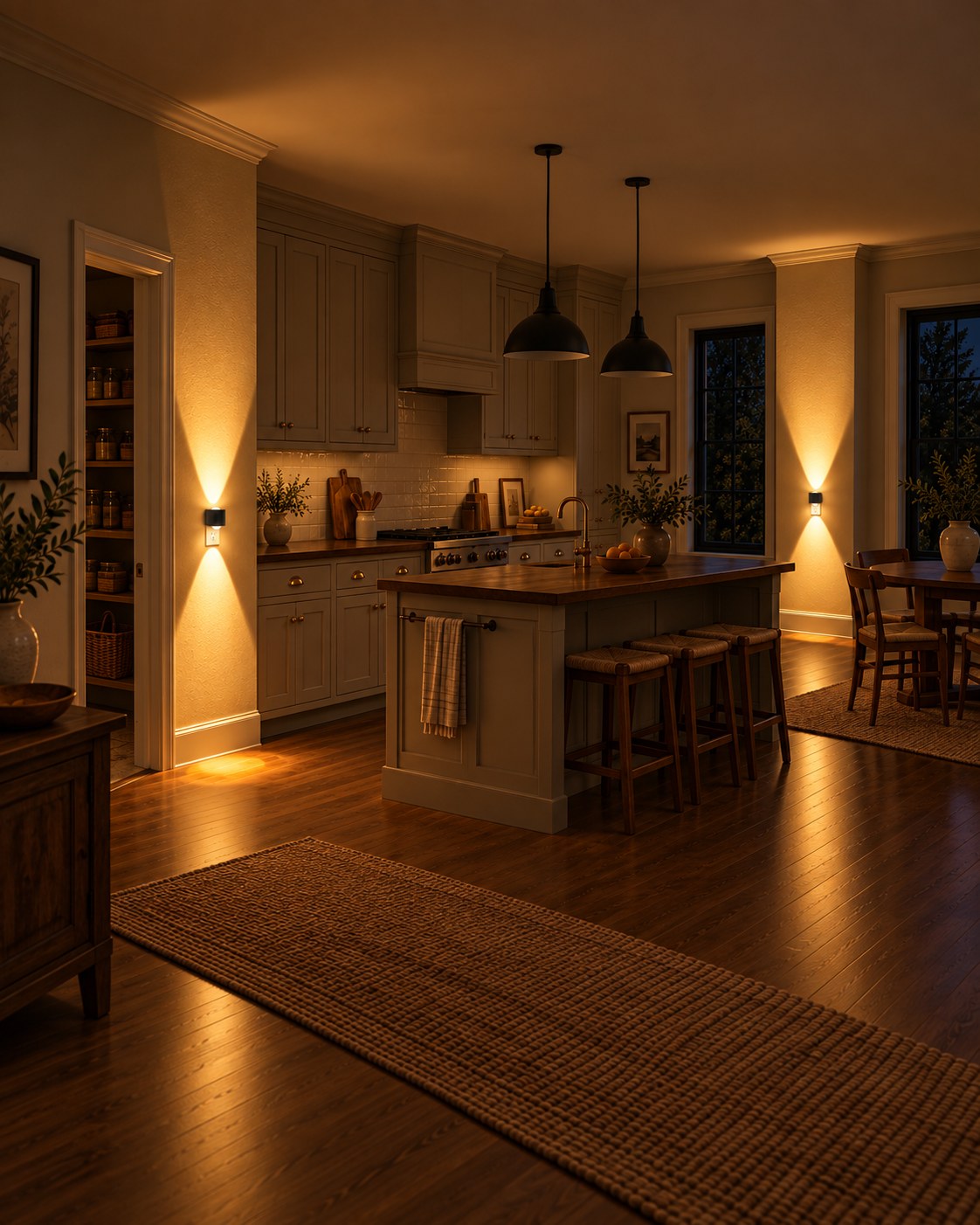 Two Aoraglow sconces lighting a kitchen after dark