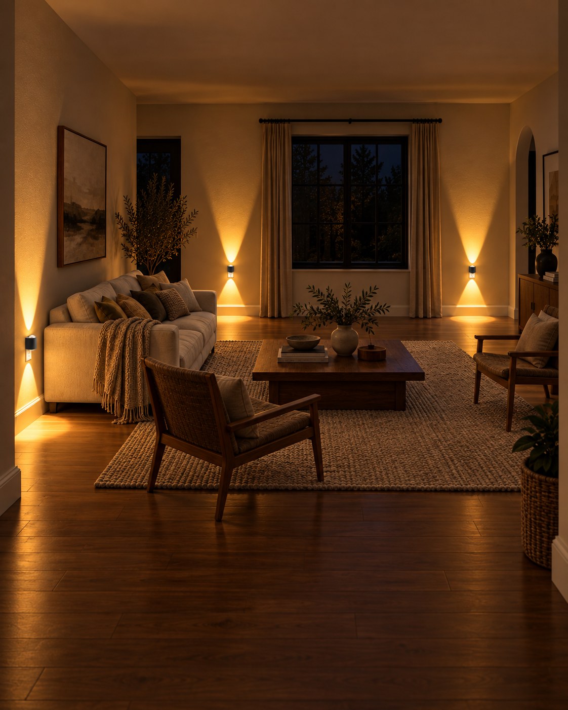 Aoraglow sconces in a living room at night