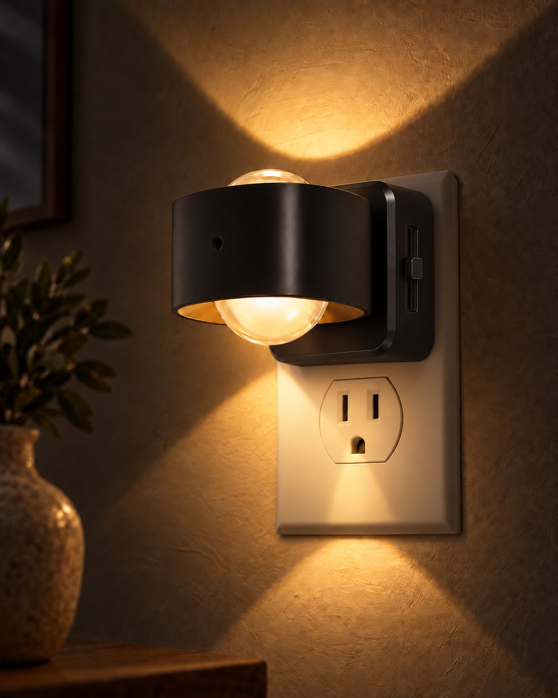 Aoraglow plug-in wall sconce in Matte Black with brightness slider, warm beam up and down the wall