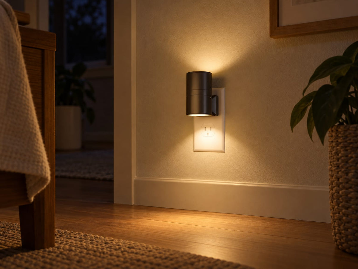 A close view at night of a small white Aoralight plugged into a wall outlet, shown at its real size next to the outlet plate