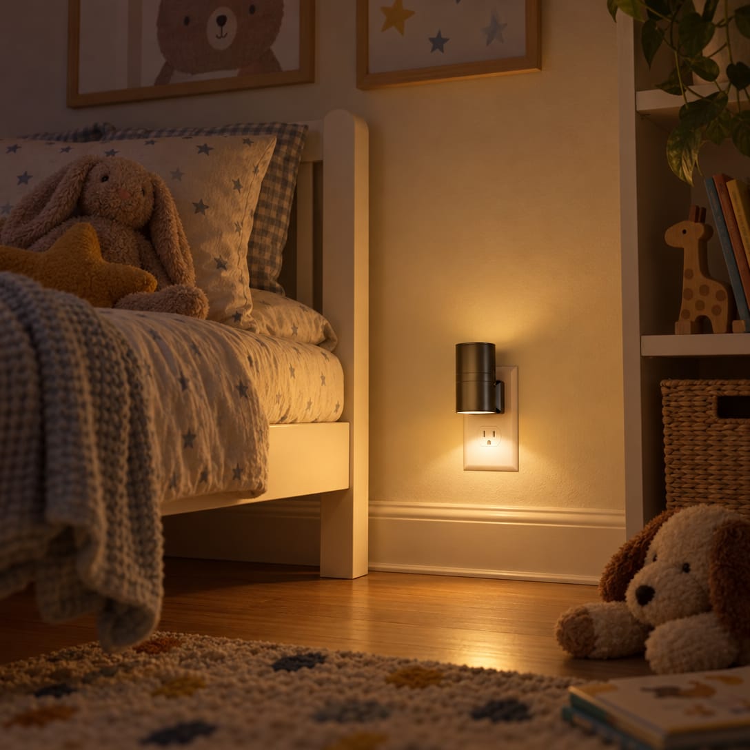 A child's bedroom in the same home at dusk with the overheads off, a small bed and soft toys, one small white Aoralight in a