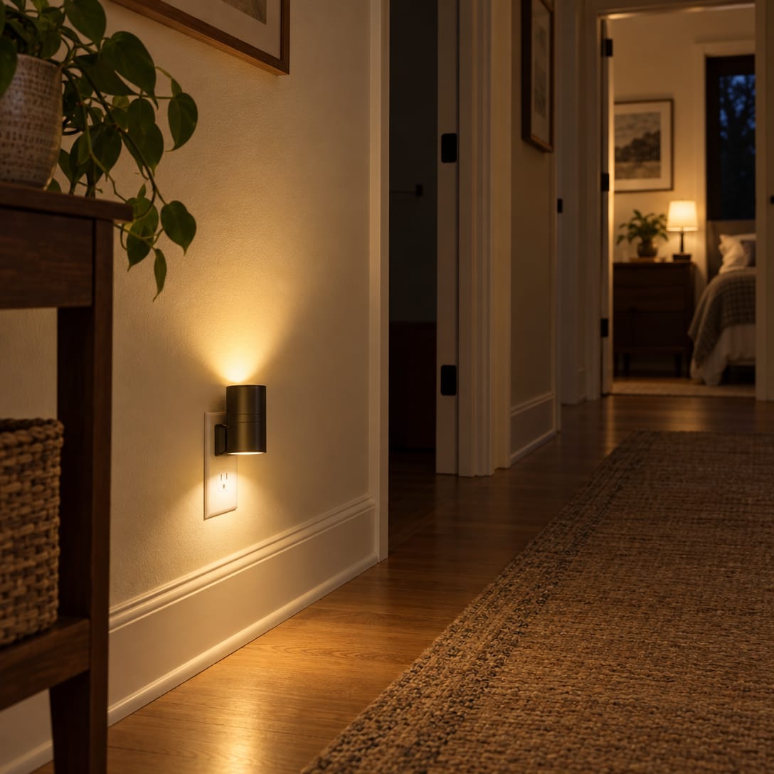 A calm hallway in a warm modern home after dusk with the overheads off, one small black Aoralight plugged into a wall outlet