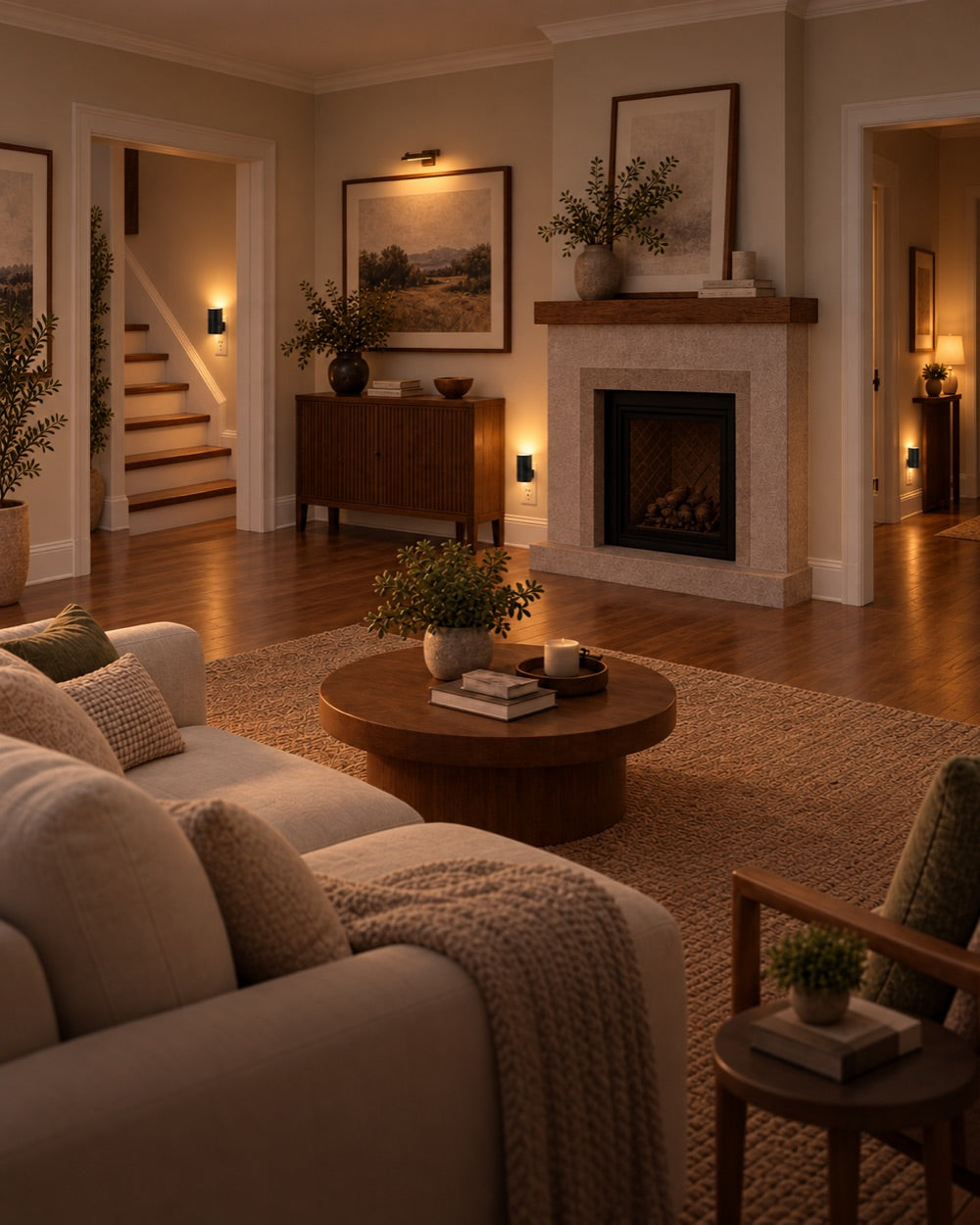A warm living room glowing with AoraLights