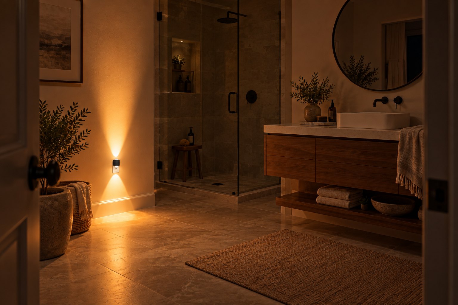 Aoraglow glowing beside a bathroom vanity at night