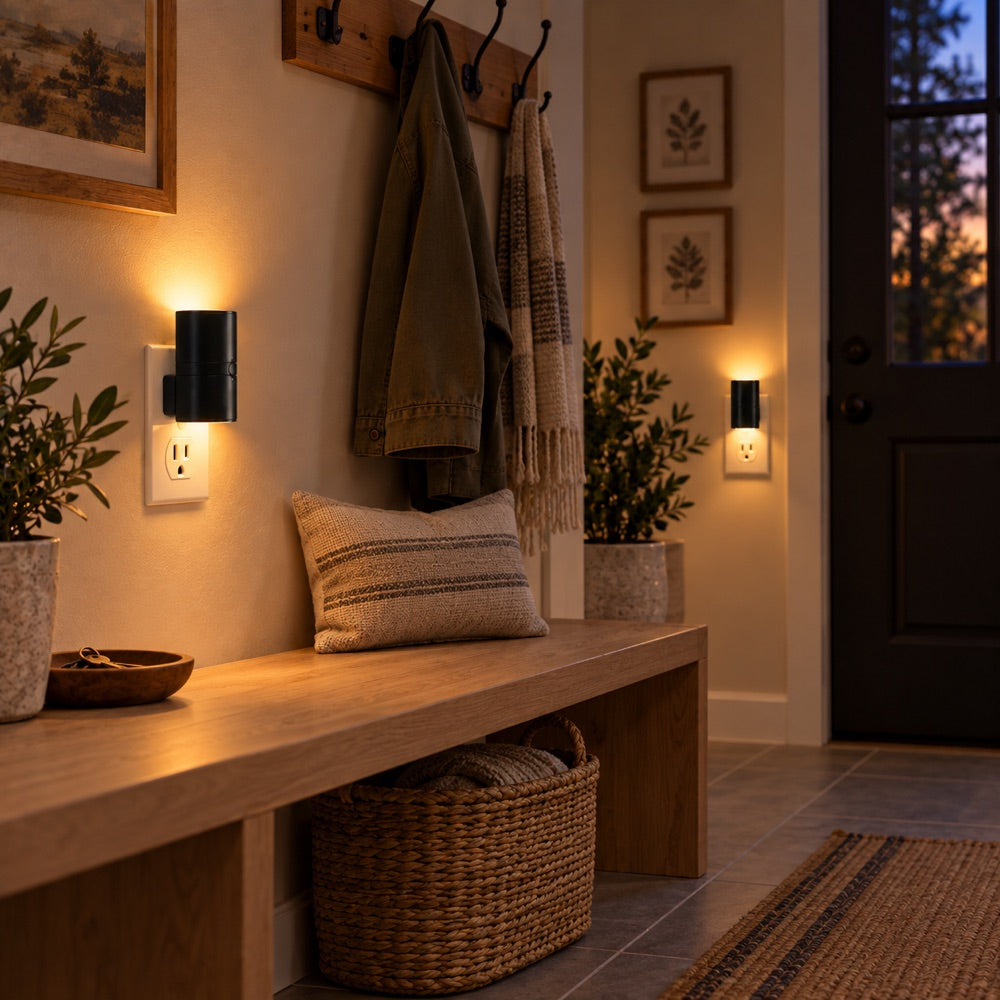 AoraLight glowing warm on an entryway wall