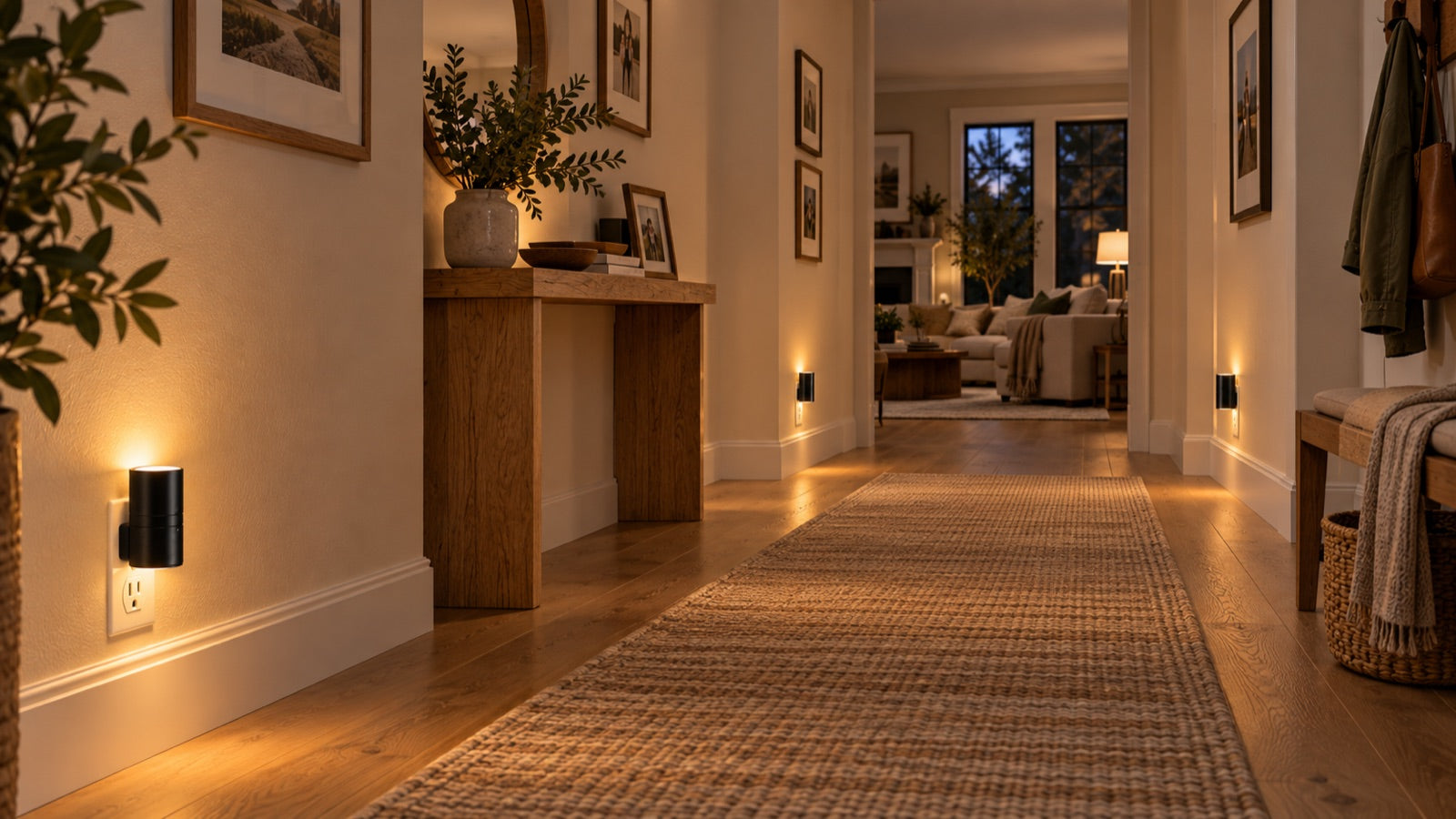 AoraLights glowing down a hallway with a runner rug