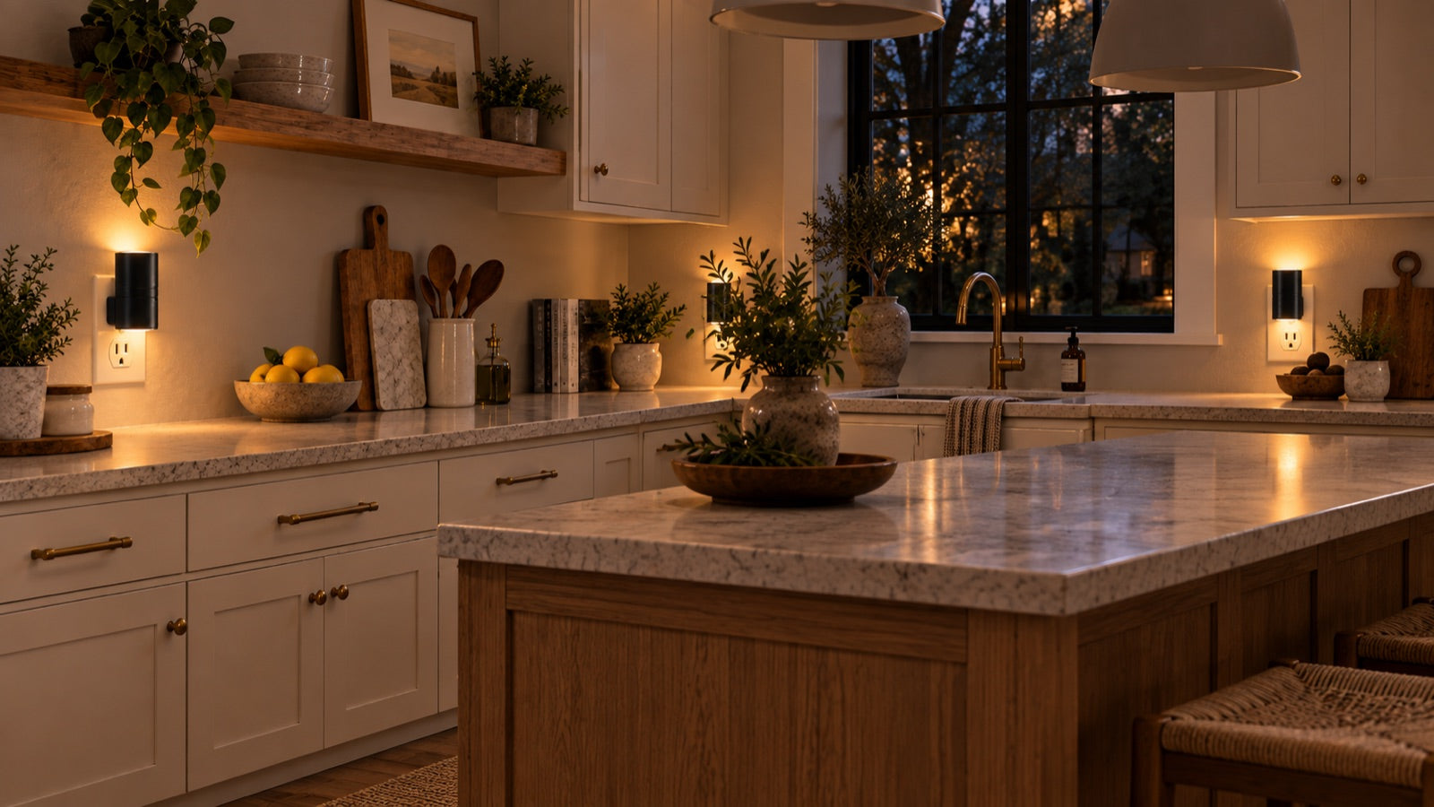 AoraLights glowing in a warm kitchen at dusk