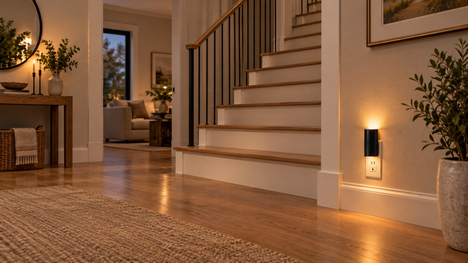 AoraLight glowing beside a staircase