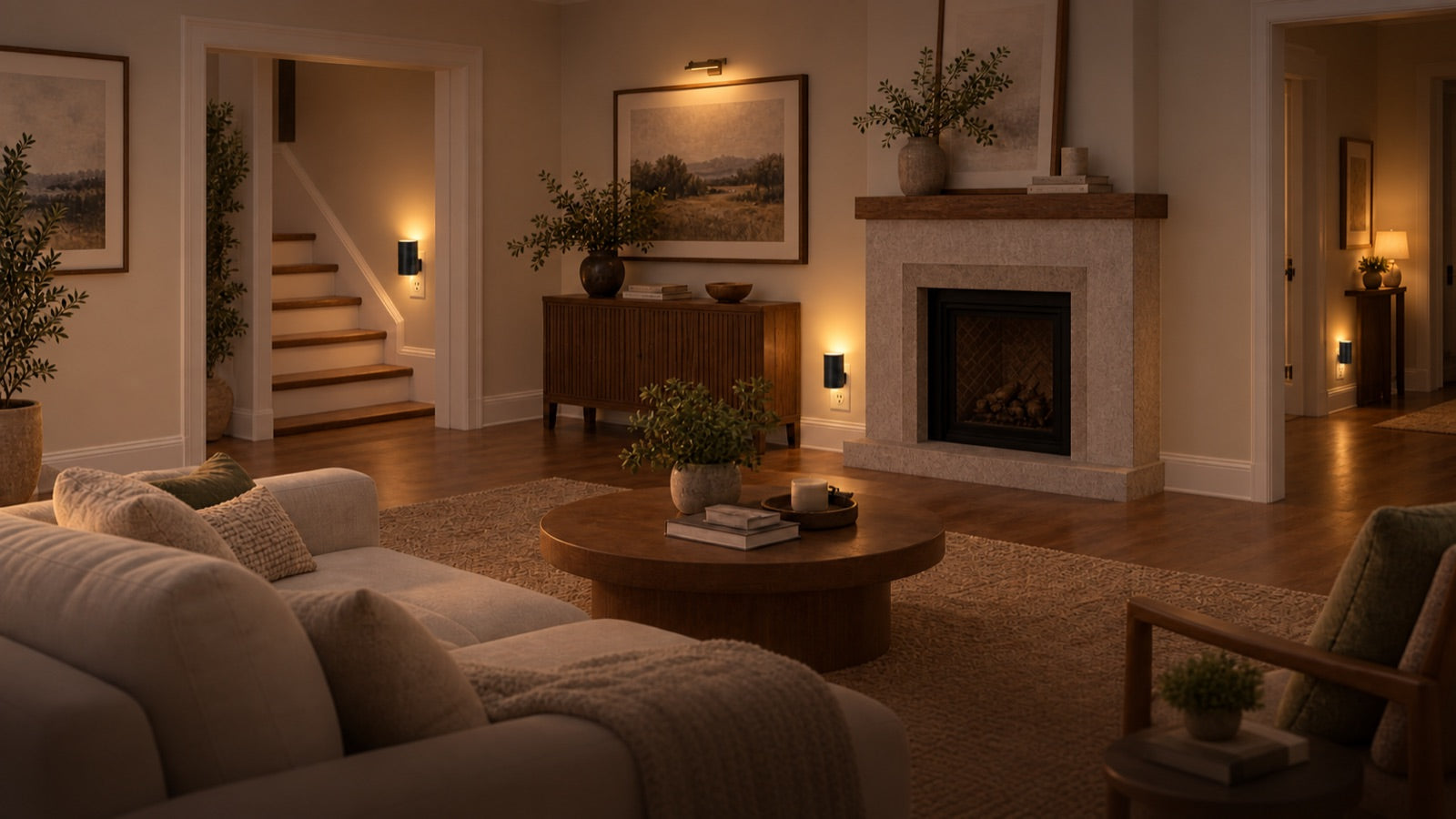 A warm living room glowing softly at night with AoraLights